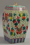 Asian Polychrome Enameldecorated Porcelain Foursided Jar with Cover