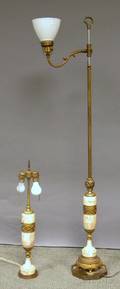 Art Deco Marblemounted Giltbronze and Metal Floor Lamp and Matching Table Lamp