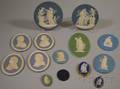 Seven Wedgwood Jasper Plaques Three Jasper Medallion Brooches a Black Basalt Portrait Medallion and Two Circular Jasper Plaques
