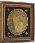 English silk on silk oval needlework of a young woman playing the harp within an eglomise mat