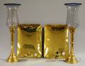 Pair of Brass Candle Wall Sconces and a Pair of Brass Candlesticks with Etched Colorless and Cobaltrimmed Glass Shades