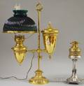 Brass Student Lamp with Cased Green Glass Shade and a Meriden Victorian Silverplate and Brass Kerosene Table Lamp