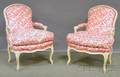 Pair of Louis XVstyle Upholstered Whitepainted Carved Wood Fauteuils