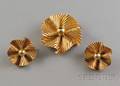 14kt Gold Ribbed Flower Brooch and Matching Earclips
