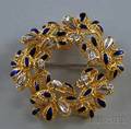 18kt Gold Diamond and Blue Enamel Wreath Brooch
