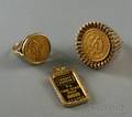 14kt Goldframed Ingot Pendant and Two Gold Coin Rings