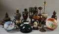Ten Assorted Late Victorian and Early 20th Century Table Lamps with Three Art Glass Shades