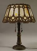 Bradley  Hubbard Octagonal Gilt Cast Metal and Slag Glass Panel Table Lamp