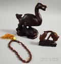 Two Asian Carved Wood Duck Figures and a String of Carved Beads