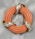 18kt Gold Coral and Diamond Circle Brooch France