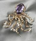 14kt Gold Amethyst Freshwater Pearl and Diamond Brooch
