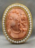 HighKarat Gold Coral Cameo and Cultured Pearl Brooch
