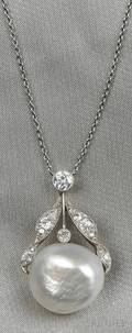 Edwardian Semibaroque Natural Pearl and Diamond Pendant