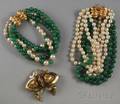 Pair of Multistrand Pearl and Jadeite Bracelets with 14kt Gold Clasps