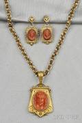 Antique Gold and Coral Cameo Pendant and Earrings