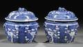 Pair of Blue and White Covered Bowls