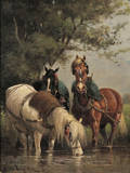 Scott Leighton American 18491898 Three Cart Horses Watering at a Stream