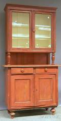 Glazed Redpainted Wood Stepback Cupboard