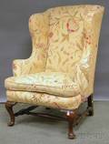 Queen Annestyle Crewelwork Upholstered Carved Maple Wing Chair