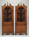 Pair of Beacon Hill Collection Georgianstyle Glazed Carved Mahogany Scrolltop Corner Cupboards