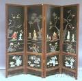 Japanese Wood Framed and Carved Stone Wood Bone and Motherofpearl Figural and Floraldecorated Coromandel Panel Folding Fourpa
