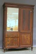 Art Nouveau Inlaid Carved Mahogany Mirrored Wardrobe Cabinet