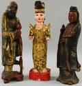 Pair of Chinese Carved and Painted Wood Figures and a Burmese Carved Wood Figure