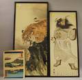 Two Framed Japanese Paintings on Silk and an Unframed Woodblock Print