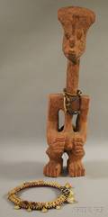 African Carved Wood Figure with Beaded and Shell Collar and a Relief Carved Panel
