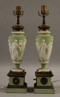 Pair of Classical Jasperstyle Painted Bisque Reliefdecorated VaseTable Lamps