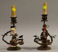 Pair of French Giltmetal and Porcelain Figural CandlestickTable Lamps