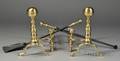 Pair of Iron and Brass Belted Balltop Andirons and Two Fire Tools