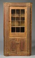 Federal Carved and Glazed Pine Corner Cupboard