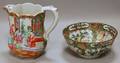 Chinese Export Rose Medallion Pattern Porcelain Bowl and Paneled Pitcher