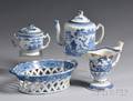 Three Blue and White Chinese Export Porcelain Table Items and a Pearlware Pottery Oval Basket