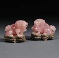 Pair of Rose Quartz Carvings of Foo Dogs