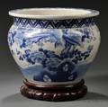 Blue and White Jardiniere on Wood Stand