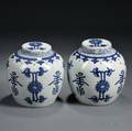Pair of Blue and White Covered Ginger Jars
