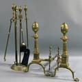 Pair of Belted Lemontop Andiron Stand and Four Fireplace Tools
