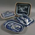 Two Rectangular Canton Porcelain Covered Serving Dishes and an Oblong Bowl
