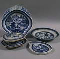 Five Blue and White Canton Pattern Export Porcelain Table Items