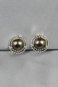 18kt White Gold Black Mabe Pearl and Diamond Earclips Piccini