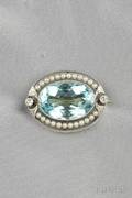 Edwardian Platinum Aquamarine Seed Pearl and Diamond Brooch