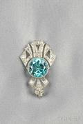 Art Deco Platinum Blue Zircon and Diamond Brooch