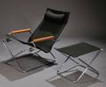 Uchida Chrome Wood and Canvas Folding Z Chair and Footstool