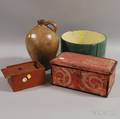 Three Painted Wood Boxes and a Stoneware Jug