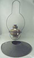 Large brass hanging fluid lamp with a tin shade