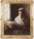 American Impressionist Oil Woman Spinning Yarn