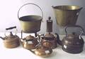 Brass and copper tableware to include teapots