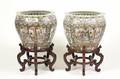 Pair of Rose Medallion Fish Bowls on Stands